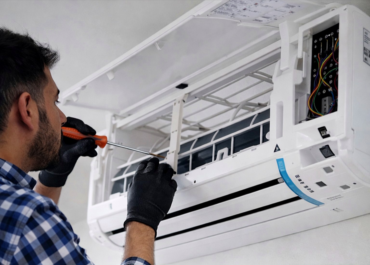 Focus Aircon technician servicing a cassette AC