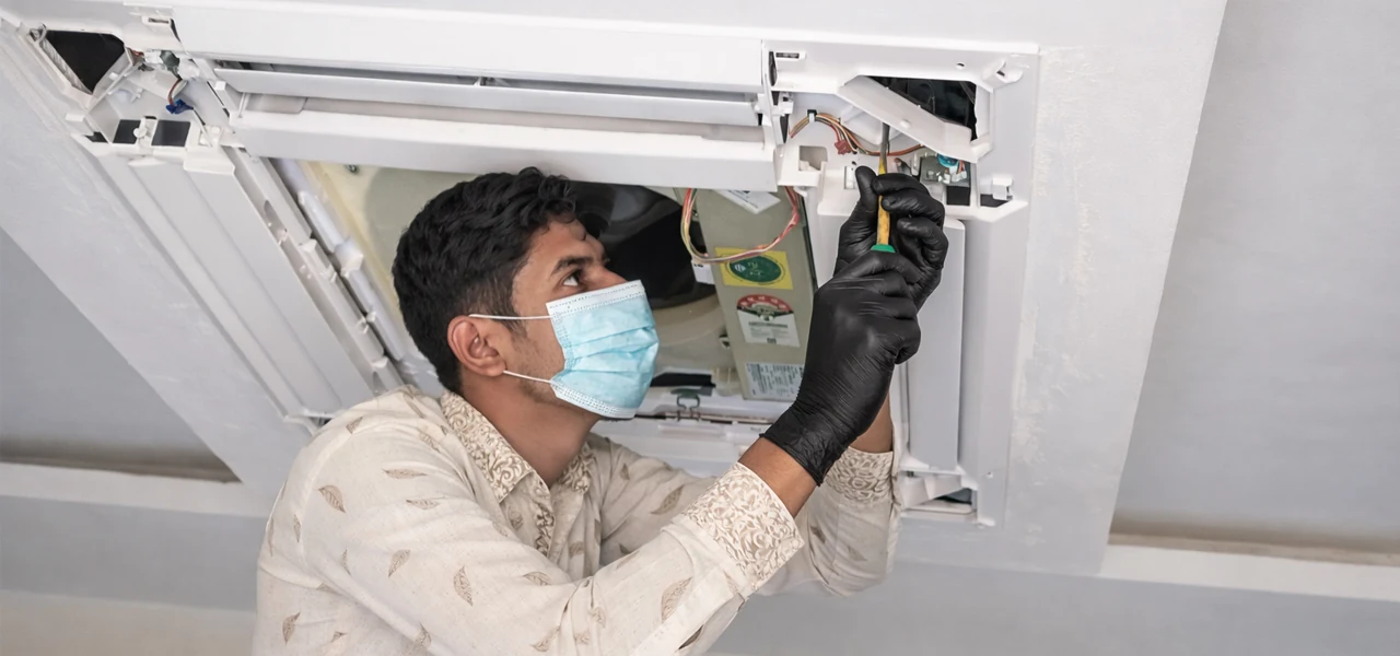 HVAC technician servicing a ceiling cassette air conditioning unit