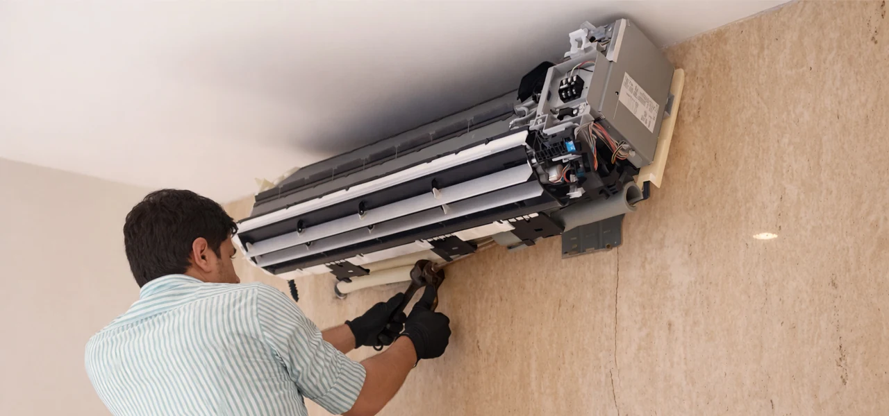 HVAC technician installing a wall mounted split air conditioner